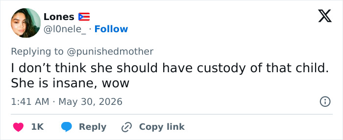 Tweet stating mother should not have custody of child