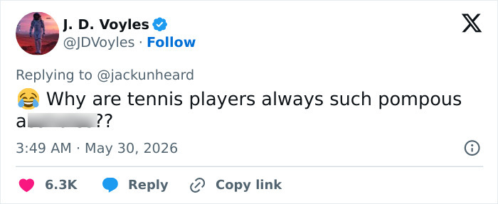 Tweet questioning attitude of tennis players with laughing emoji