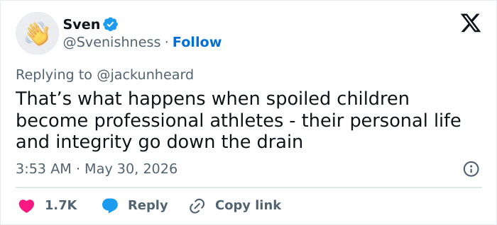 Tweet criticizing spoiled athletes and personal integrity
