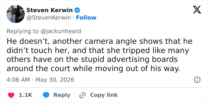 Tweet explaining French Open star didn&rsquo;t touch ball girl, she tripped on advertising boards