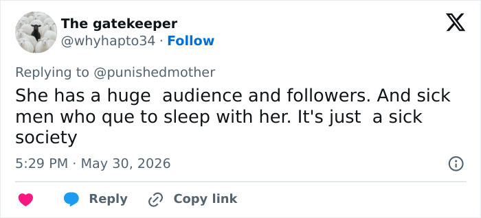 Tweet discussing Bonnie Blue's large audience and followers, highlighting a sick society