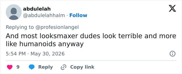 Tweet criticizing looksmaxer men for appearing terrible and humanoid