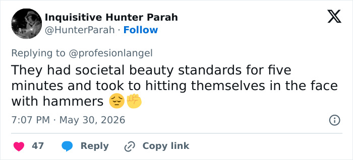 Tweet describing societal beauty standards and s*******m references