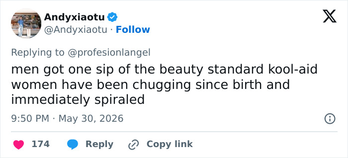 Tweet discussing beauty standards and looksmaxxing obsession among men and women