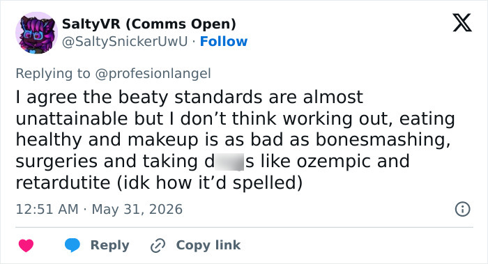 Tweet on beauty standards and looksmaxxing methods including surgeries and diet d***s