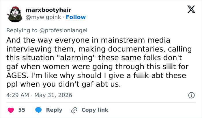 Tweet on media coverage of looksmaxxing and dismissiveness toward women's struggles