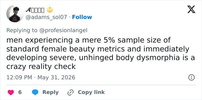 Tweet about men developing body dysmorphia from female beauty standards in looksmaxxing context