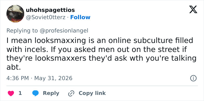Tweet explaining looksmaxxing as an online subculture