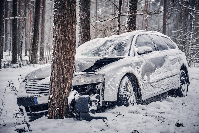 A snow-covered crashed car, front end severely damaged against a tree in a winter forest, evoking stories and the unexpected.