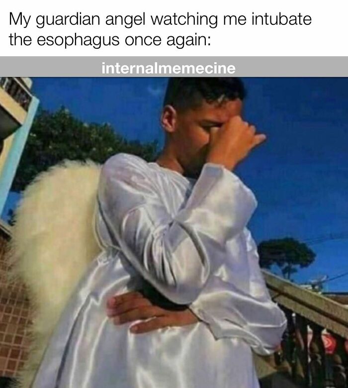 A person in an angel costume with wings, facepalming, representing a medical meme for doctors and nurses.