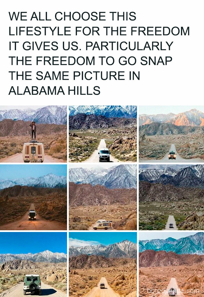 Nine images of vans driving on a dirt road towards snowy mountains, showcasing the reality of living out of a van.