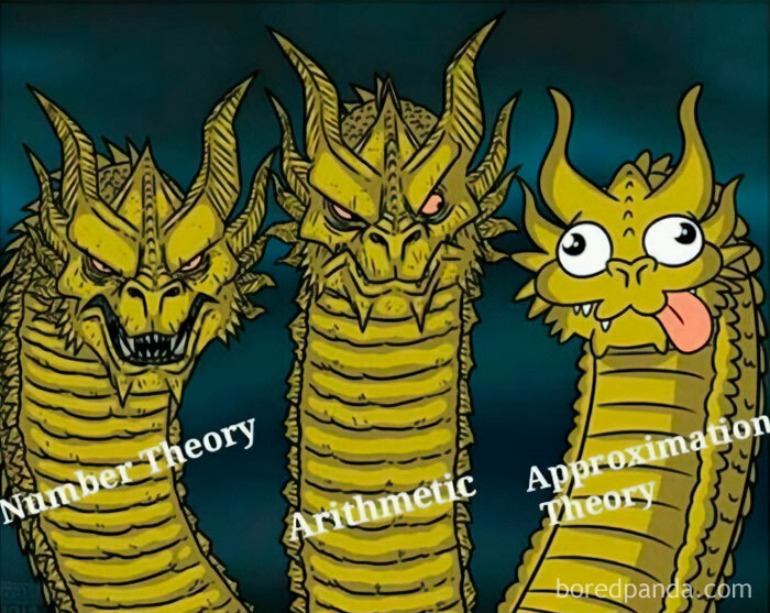 Funny math meme showing three dragon heads: Number Theory, Arithmetic, and Approximation Theory. Brings math trauma back.
