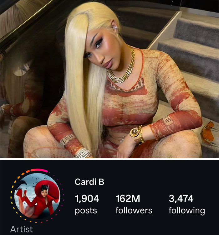 Cardi B, blonde, wearing a patterned top and jewelry, with her Instagram followers count. Celebrities who lost followers after bot purge.