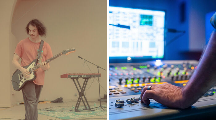 A musician playing electric guitar next to a keyboard, and a hand adjusting a sound mixing board. Taste in music.