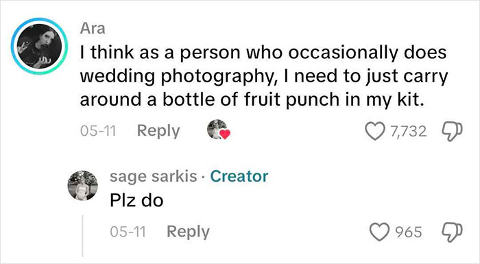 Social media comments about the MIL's dress, one suggests carrying fruit punch for wedding photography. Social media comments about the MIL's dress, one suggests carrying fruit punch for wedding photography.