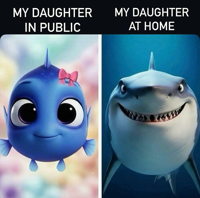 Mom meme showing daughter in public vs at home as different fish characters