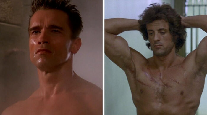 Arnold Schwarzenegger and Sylvester Stallone in classic action movie scenes