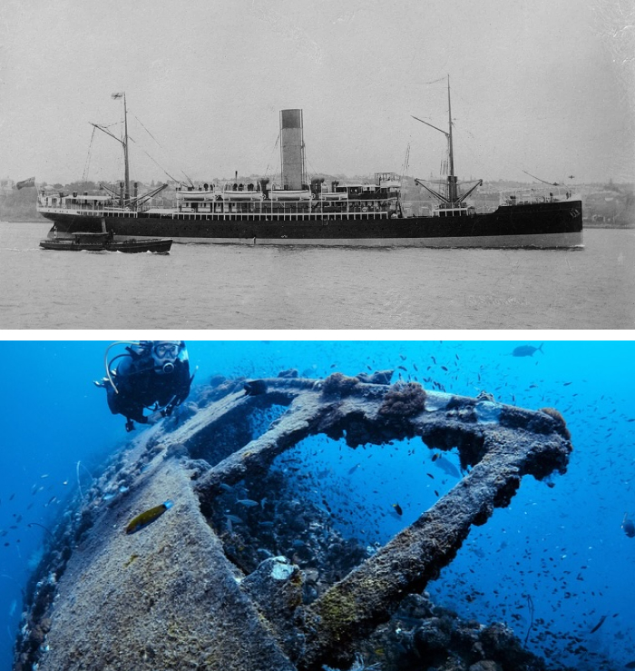 Historic ship before being reclaimed by nature underwater