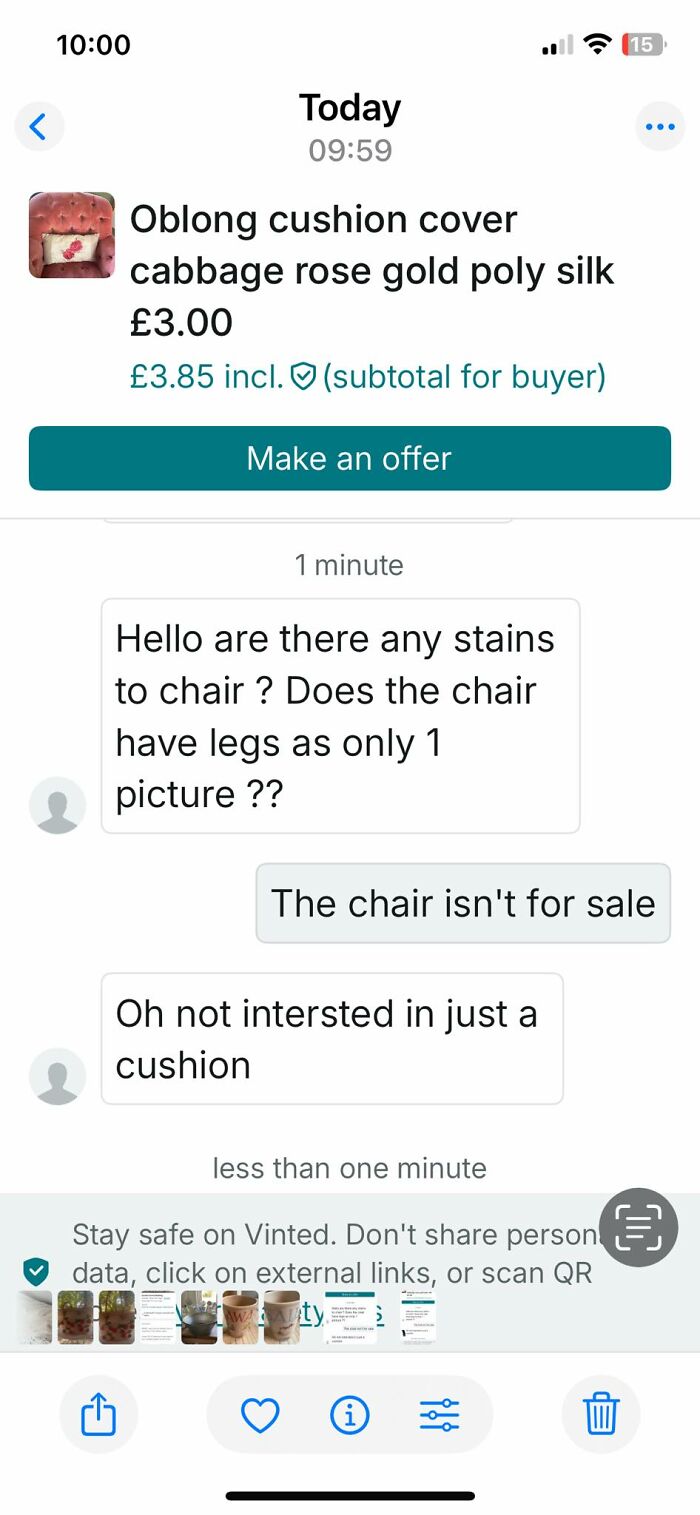Vinted conversation confusing cushion cover listing with a chair for sale