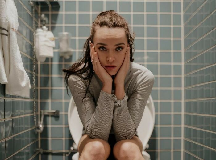 A young woman with an expression of second-hand embarrassment sits on a toilet in a tiled bathroom, hands cupping her face.