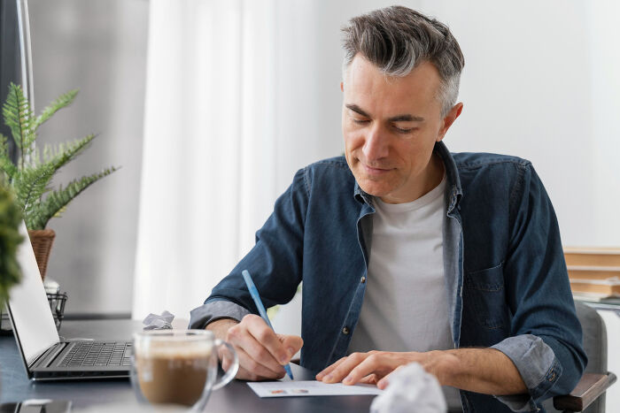 A man in a denim shirt writes a letter, with crumpled paper on his desk, possibly plotting savage things employees do.