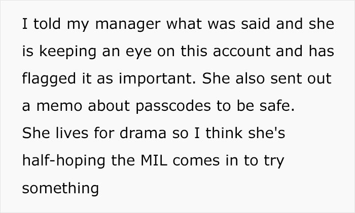 Text about manager flagging bakery account and memo on passcodes Text about manager flagging bakery account and memo on passcodes