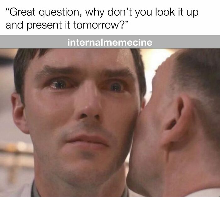 A man with wide, surprised eyes reflecting a mirror image of himself. A medical meme about doctors and nurses.