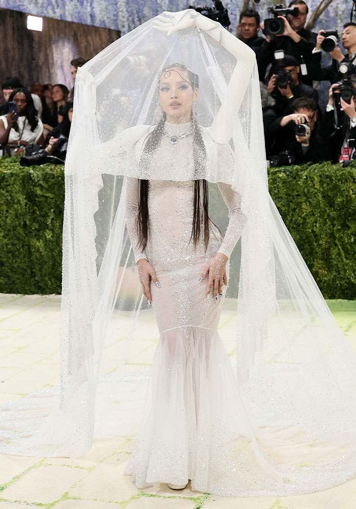 A woman in a sheer, glittery white gown with a long veil at Met Gala 2026. One of the worst dressed stars.