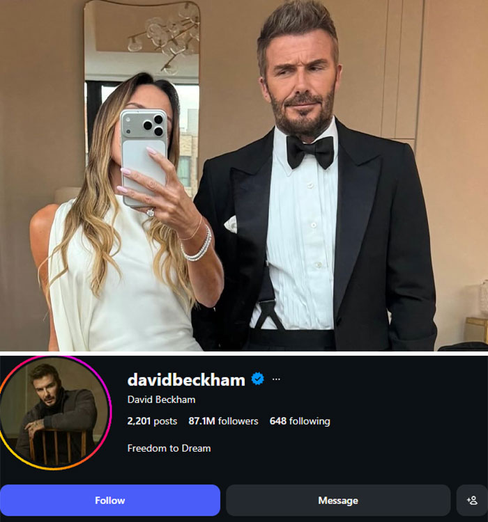 David Beckham and a woman taking a selfie, followed by his Instagram profile showing his current followers. Celebrities who lost followers after bot purge.