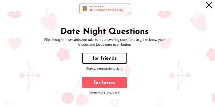 A lighthearted website offering date night questions for friends or lovers, one of the most interesting websites.
