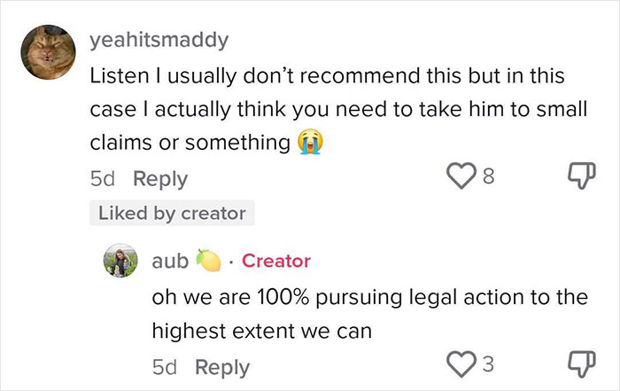 Social media comments discussing a bad contractor experience. Users suggest legal action for the expensive contractor.
