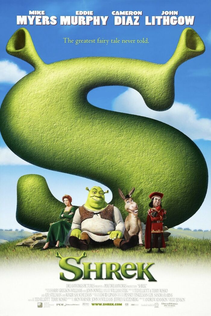 Shrek movie poster with characters and large green S in background
