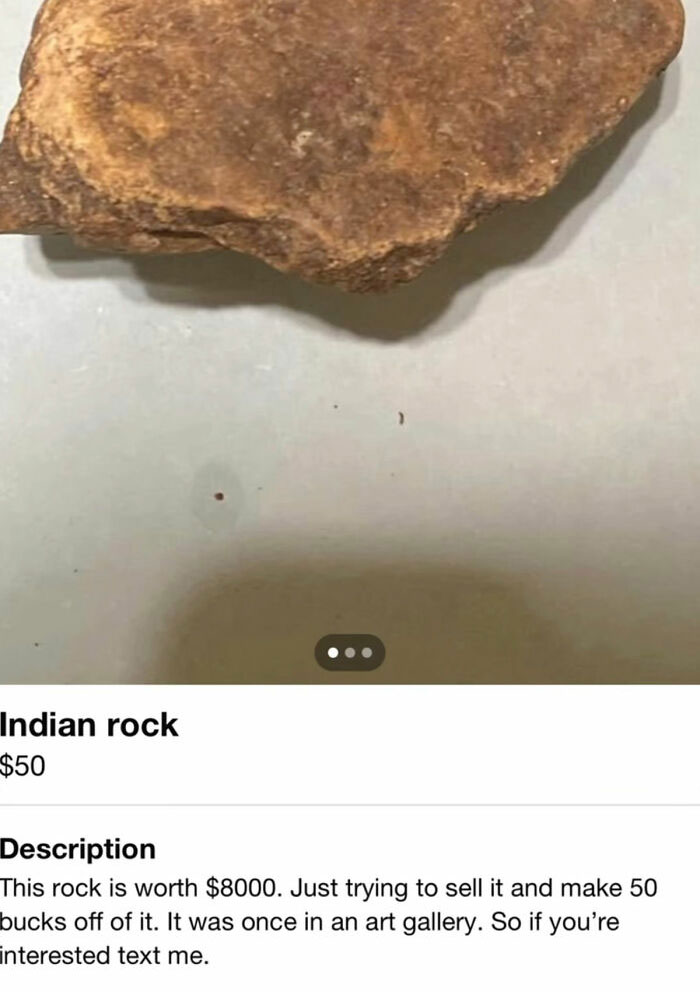 Closeup of an Indian rock listed on FB Marketplace for sale