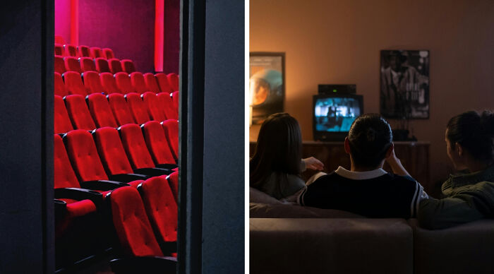 Empty red seats inside a movie theater for movies this or that poll