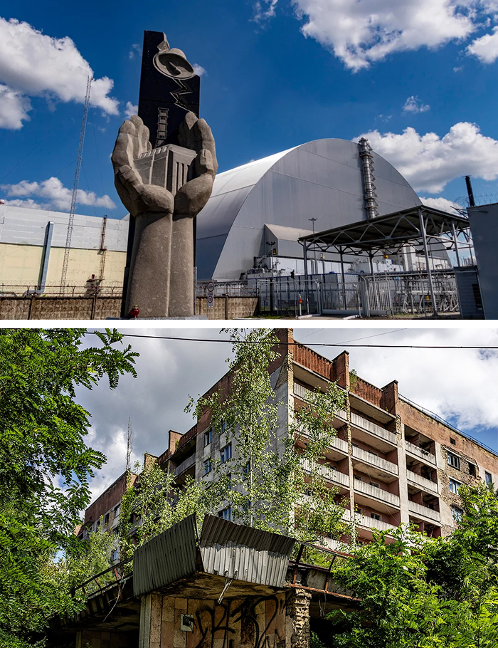 Abandoned amusement park landmark overtaken by nature and vegetation