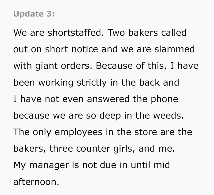 Update mentioning bakery staff shortage and stress from large wedding cake orders Update mentioning bakery staff shortage and stress from large wedding cake orders