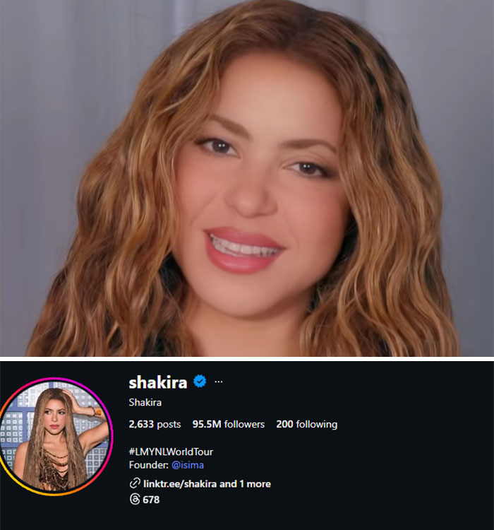 Shakira smiling, with her Instagram profile showing 95.5M followers. Celebrities who lost followers after bot purge.