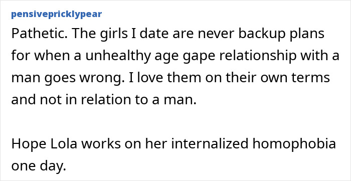 A Reddit comment about Lola Young and cheating married dad lover, discussing age gap relationships and internalized homophobia.