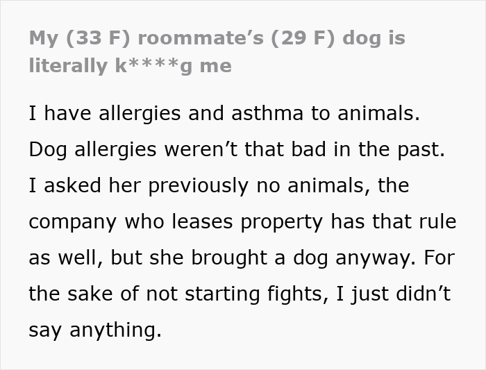 Screenshot of a post from a woman whose roommate put her life at risk by bringing a dog despite her allergies.