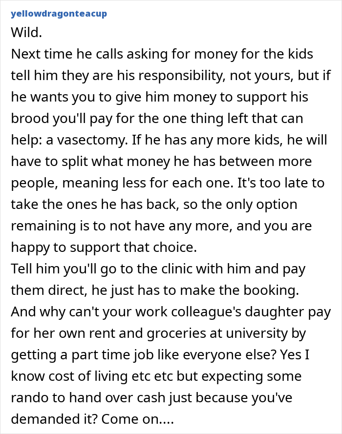 Detailed comment on brother's responsibility for kids and financial advice