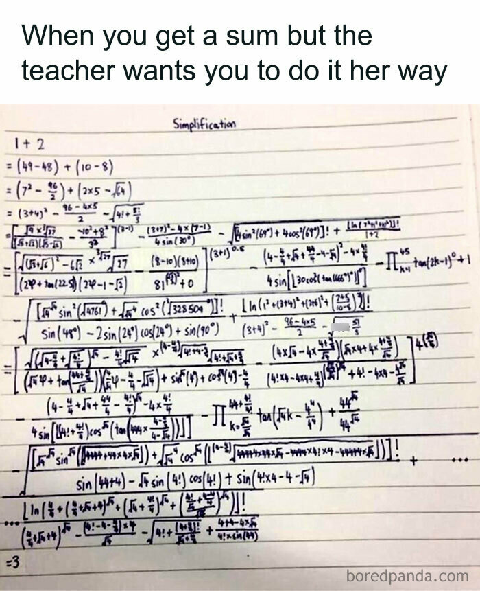 A math problem simplification with extremely long, complex steps. Funny math memes illustrate the trauma of solving them.