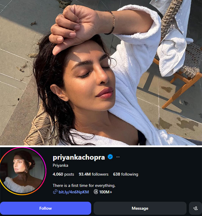 Priyanka Chopra relaxing outdoors, and her Instagram profile showing 93.4M followers. Celebrities who lost followers after bot purge.