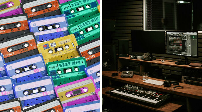 Colorful retro music cassettes on the left, and a modern music studio with dual monitors and keyboard on the right. Compare your music taste.