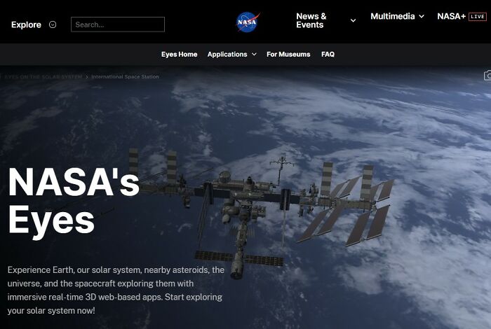 NASA's Eyes website, showing the International Space Station orbiting Earth, an interesting website for space enthusiasts.