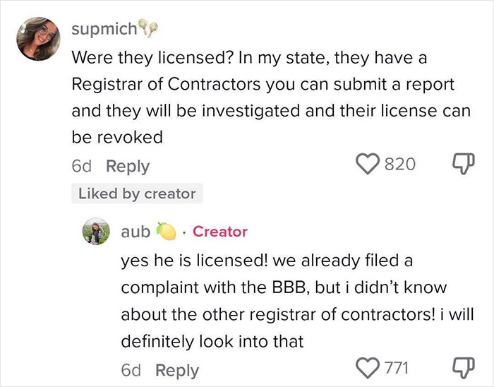 Screenshot of a social media conversation about a very expensive contractor, discussing licensing and filing complaints.