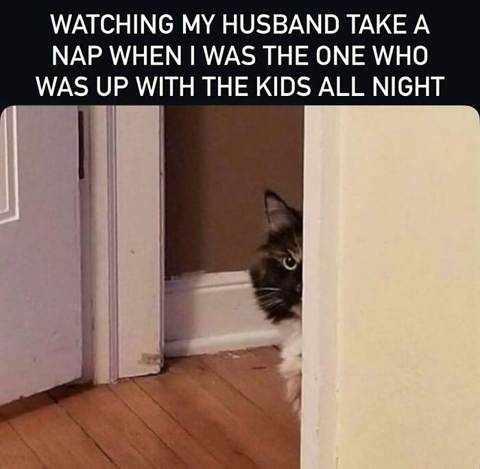Mom meme about watching husband nap after a night with kids