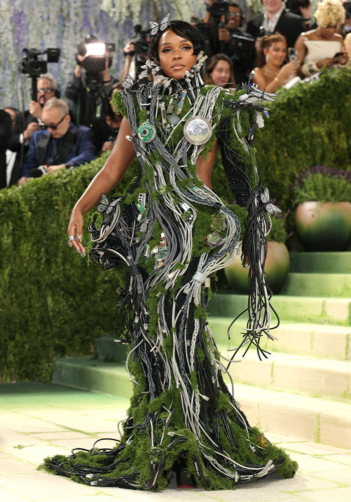 A star at Met Gala 2026 wears a worst dressed, unique gown made of green moss, wires, and circuit boards.