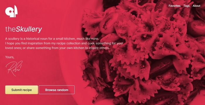 The Skullery website with a red background, a pasta recipe, and buttons to explore more interesting websites.