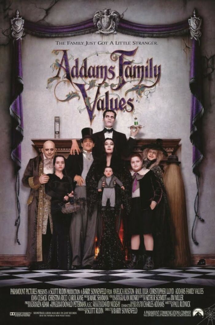 Addams Family Values movie poster with the spooky Addams family portrait