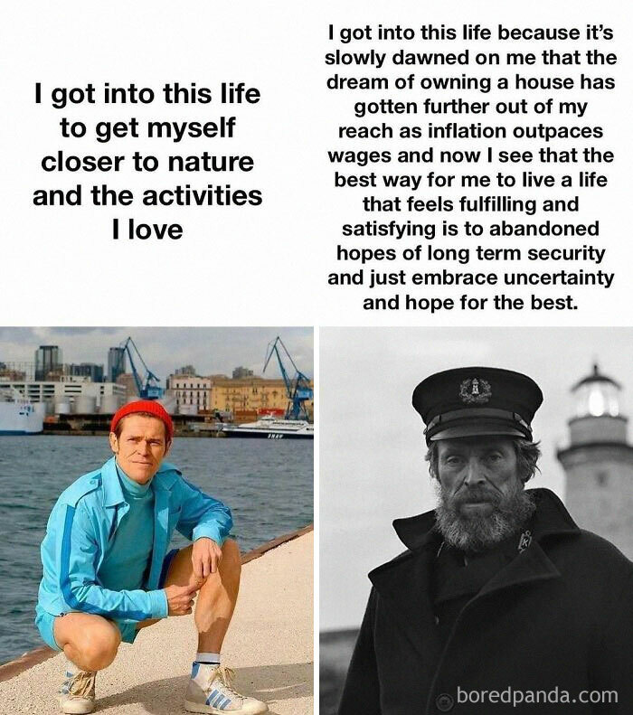 A meme showing two images of Willem Dafoe with text about van life and homelessness.